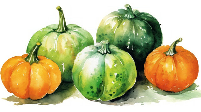 Watercolor painting of a pumpkins in vivid green color tone.
