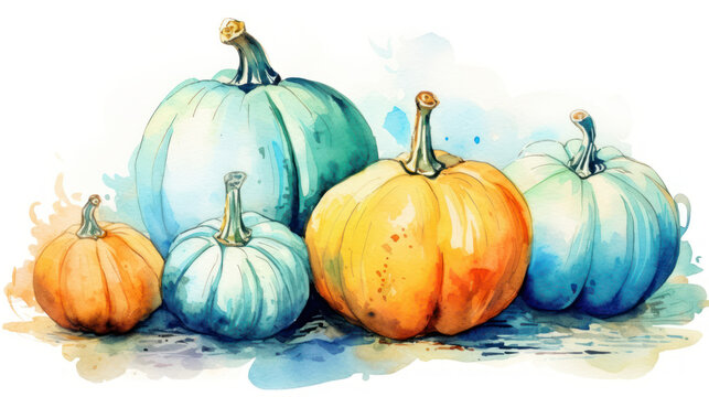 Watercolor painting of a pumpkins in vivid cyan color tone.