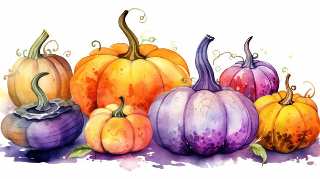 Watercolor painting of a pumpkins in vivid purple color tone.