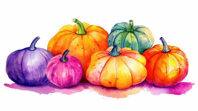 Watercolor painting of a pumpkins in vivid magenta color tone.