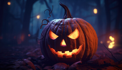 Obraz premium Background banner design with jack o lantern and glowing lights in dark atmosphere