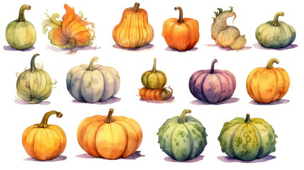 Watercolor painting of a pumpkins in colorful color tone.