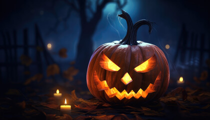 Background banner design with jack o lantern and glowing lights in dark atmosphere