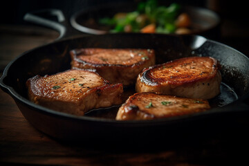 Savor the delicious details of succulent pork chops captured in a product photoshoot illuminated by soft, natural light. Ai generated