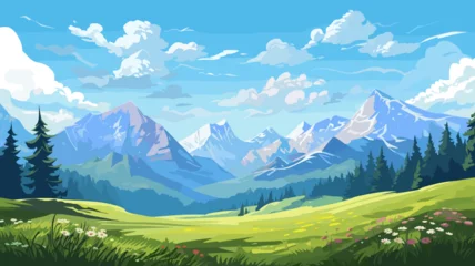 Foto op Canvas Illustration. View of an alpine landscape. Simple illustration, with meadows and alpine mountains in the background. Copy space available. Beautiful mountain landscape during summer. © Dirk
