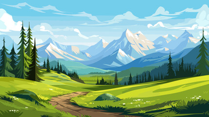 Illustration. View of an alpine landscape. Simple illustration, with meadows and alpine mountains in the background. Copy space available. Beautiful mountain landscape during summer.
