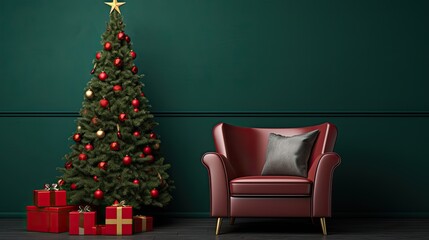 christmas tree and red chair near a green wall