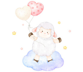 cute sheep on cloud with balloons