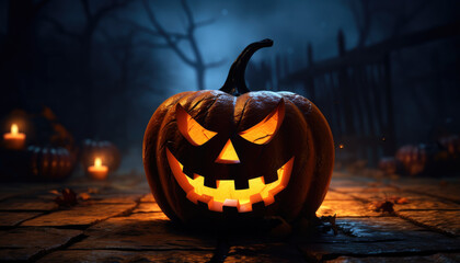 Jack o lantern and glowing lights background banner design in spooky atmosphere