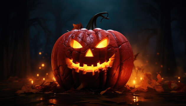 Jack o lantern and glowing lights background banner design in spooky atmosphere
