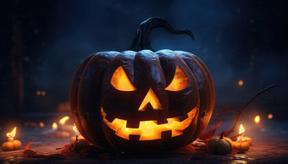 Jack o lantern and glowing lights background banner in dark atmosphere
