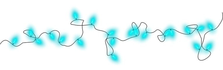 Light blue christmas glowing garland. Christmas lights. Colorful Christmas garland. The light bulbs on the wires are insulated. PNG.