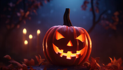 Obraz premium Jack o lantern and glowing lights background banner in spooky atmosphere