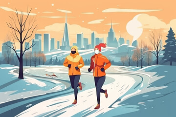 Fototapeta na wymiar Couple runner running outdoor scene design Running sport, warm clothes runs against background of winter city landscape. young girl goes in for sports. vector illustrations. cartoon. running in winter