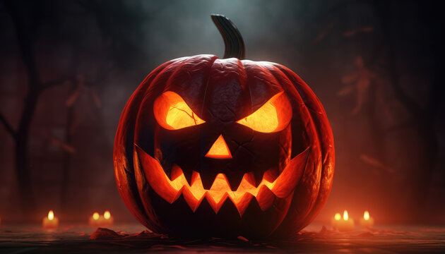 Jack o lantern and glowing lights background banner in spooky atmosphere