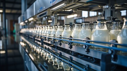 automated manufacturing line at a contemporary dairy plant,.