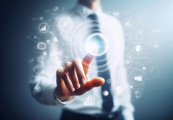 Fototapeta premium Businessman using communication hologram generative AI illustration art