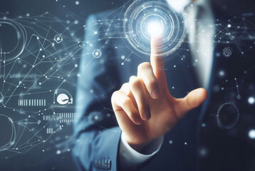 Businessman using communication hologram generative AI illustration art