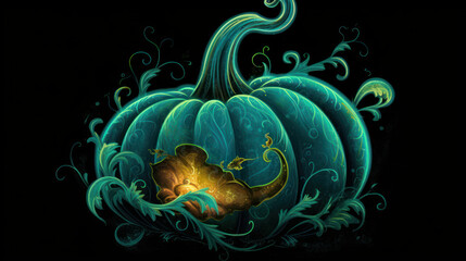 Illustration of a pumpkin in dark cyan tones