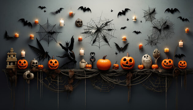 Mysterious background banner design with jack o lantern and halloween objects