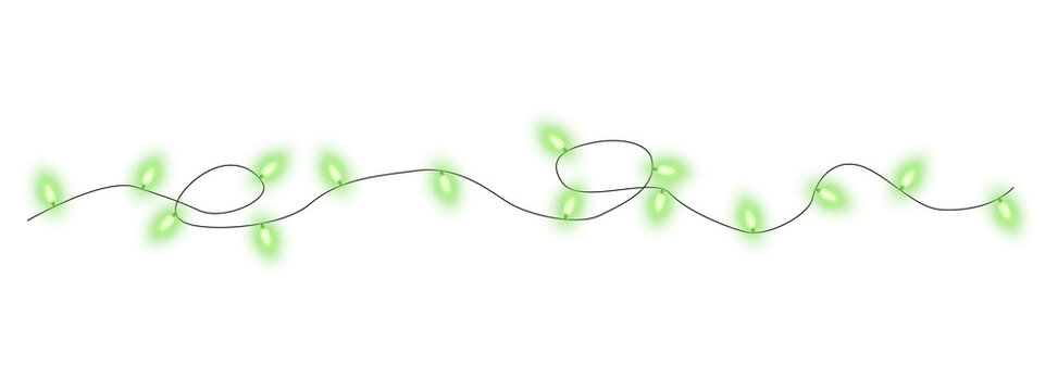 Green christmas glowing garland. Christmas lights. Colorful Christmas garland. The light bulbs on the wires are insulated. PNG.