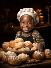 Little African Child chef playing with dough with a happy. Cooking is fun for kids. Merry Christmas and happy holidays.