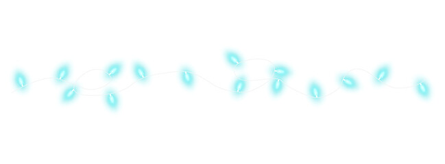 Blue-green christmas glowing garland. Christmas lights. Colorful Christmas garland. The light bulbs on the wires are insulated. PNG.