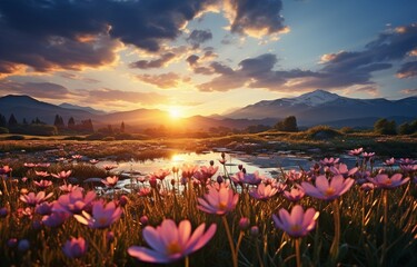 springtime sunrise over a meadow.