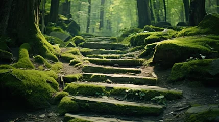 Foto op Canvas moss covered stone footsteps in the forest © Rangga Bimantara
