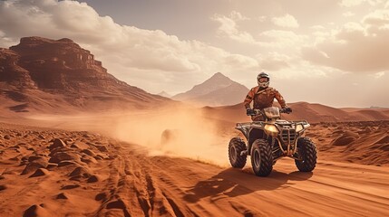 a person riding an atv at the desert - obrazy, fototapety, plakaty