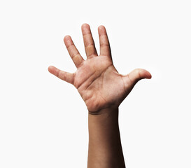 Close-up of child hand showing five fingers with white background