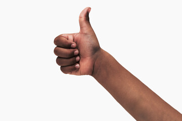 Afro child hand gesturing thumb up isolated on white background