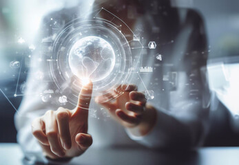 Businessman using communication hologram generative AI illustration art