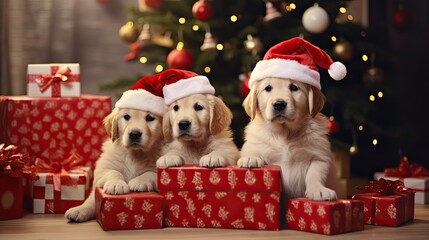 golden retriever puppies sitting next to beautifully wrapped Christmas presents