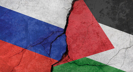 Russia and Palestine flags, concrete wall texture with cracks, grunge background, military conflict concept