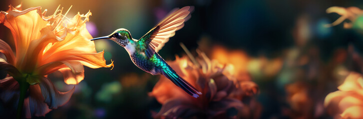 Small hummingbird with colorful plumage flying near colorful blooming flowers on blurred background. With copy space. - obrazy, fototapety, plakaty