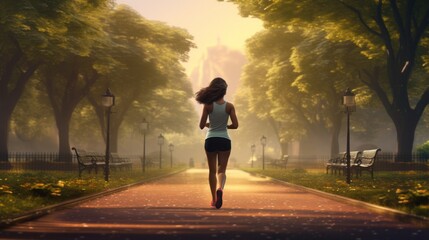 Fototapeta premium A woman sprinting through a beautiful park during a sports event
