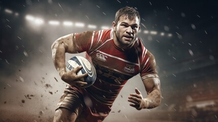 A rugby player sprinting down the field with the ball in hand - obrazy, fototapety, plakaty
