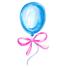 Watercolor blue balloon with pink bow Hand drawn illustration on white background for design, holiday invitations and card, birthday and party decorations, making stickers, embroidery and packaging.