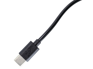 Black USB Type-C charger cable isolated on a transparent background.