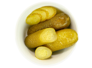 Bowl with pickled cucumbers isolated on a transparent background.