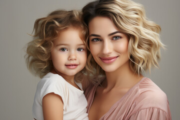 Mother holds her little daughter girl on white background