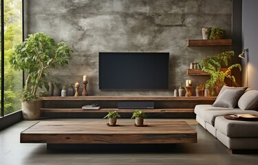 a modern loft-style living area featuring a led television mounted on a concrete wall and a wooden table.