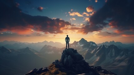 A man conquering a mountain peak at sunset during a thrilling outdoor adventure