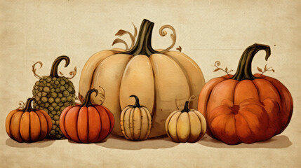 Illustration of a group of pumpkins in brown tones
