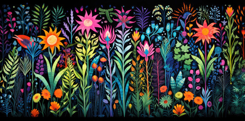 a pattern of tropical plants with colorful fruits and flowers