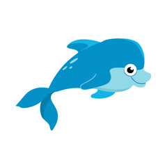 Vector illustration of a funny dolphin on a white background. Cute cartoon dolphin.