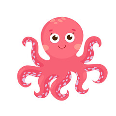 Cute Pink little octopus cartoon flat. Cute octopus with hand drawn sea life elements. Sea animals. Vector doodle cartoon octopus of marine life objects for your design.