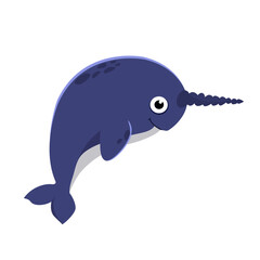 Сute narwhal. Arctic marine or oceanic animal. Vector illustration in flat style. White isolated background