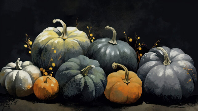 Illustration of a group of pumpkins in dark gray tones